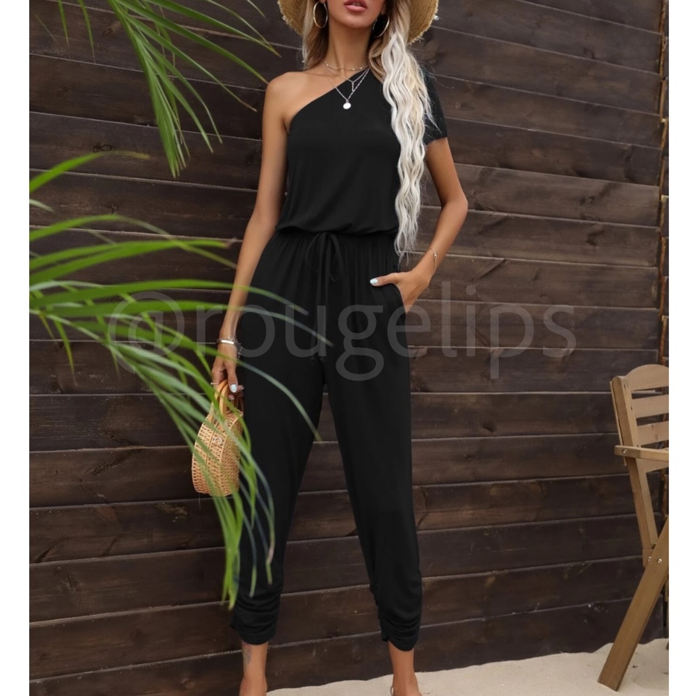 Black One Shoulder Jumpsuit Ruched Leg Short Sleeve Ties at Waist